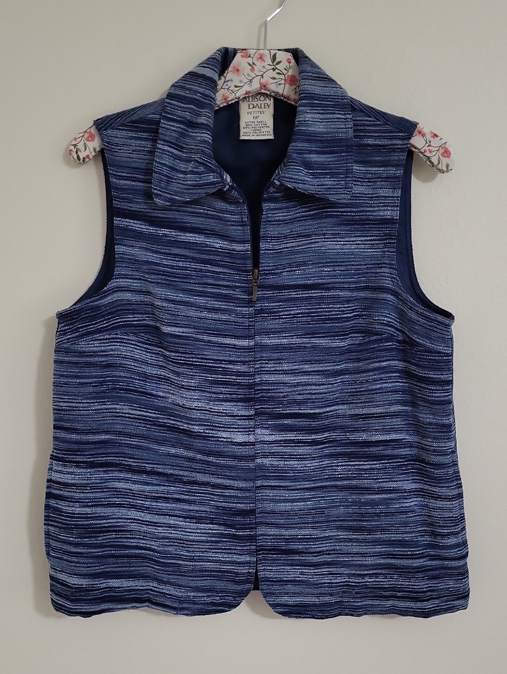 Vintage Allison Daley Blue Striped Zip Up Collar Vest With Pockets